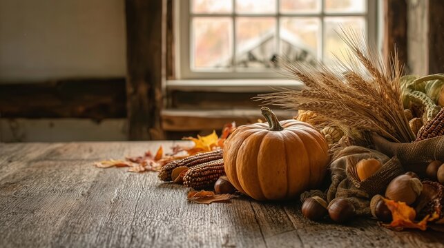 Rustic autumn harvest still life with pumpkin, corn, nuts and wheat by a window