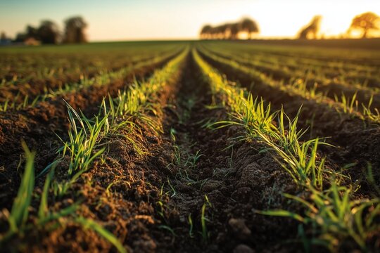 Emerging Green Crops in Furrowed Farmland at Golden Hour