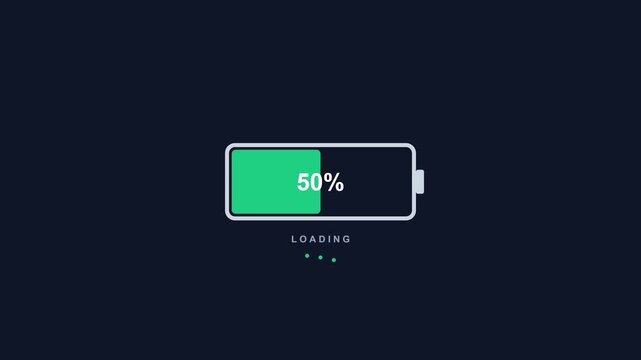 Minimalistic battery icon showing a fifty percent charge level with a digital loading animation sequence on a dark background for modern interface