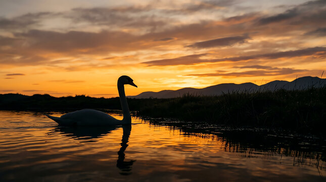 Swan swims on water at sunset, reflection in ripples, orange sky, silhouette hills.
