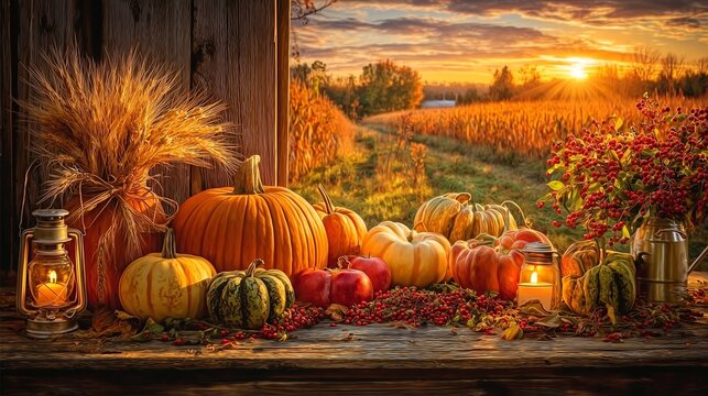 Autumn Harvest Still Life with Pumpkins, Apples and Wheat at Sunset