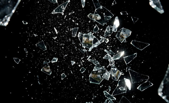 Minimalist shattered glass. Transparent geometric prism explosion with particle debris, broken ice crystal shards on transparent Bg, futuristic 3D render, light scatter, 3D glass shape.