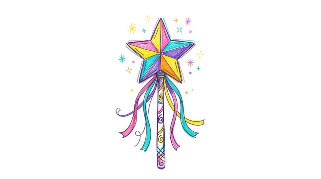 Colorful magic wand with a bright star shape and flowing ribbons for a fun fairy tale fantasy theme illustration