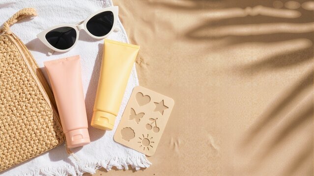 Sun tan tattoo stencils and sunscreen tubes on sand. Flat lay with sunglasses and straw bag on beach towel. Summer skincare and sunless tanning concept
