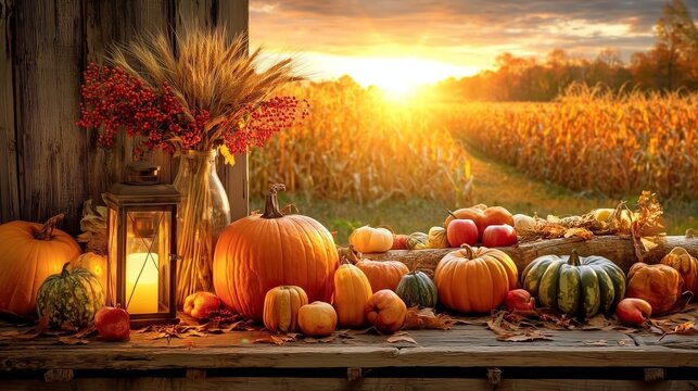 Autumn Harvest Still Life with Pumpkins, Lantern and Cornfield at Sunset