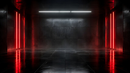 Fototapeta premium A futuristic dark empty concrete corridor with red and white neon lights and reflections on the wet floor 3d rendered