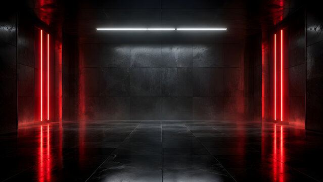A futuristic dark empty concrete corridor with red and white neon lights and reflections on the wet floor 3d rendered