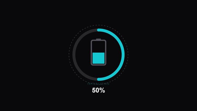 A modern digital battery charging indicator interface animation showing a fifty percent energy level progress bar on a dark background display