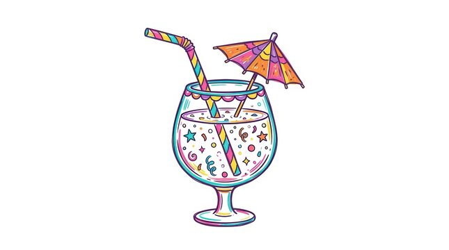 Colorful summer cocktail glass with striped straw and small paper umbrella decorated with festive confetti shapes for a tropical party celebration