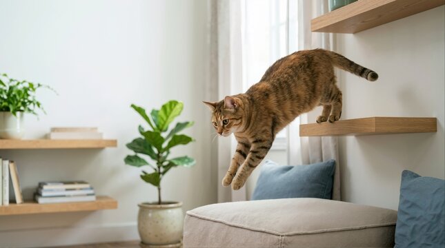 Tabby cat jumping off a wooden wall shelf in a living room. Domestic cat leaping in mid-air toward a beige ottoman. Dynamic pet movement concept