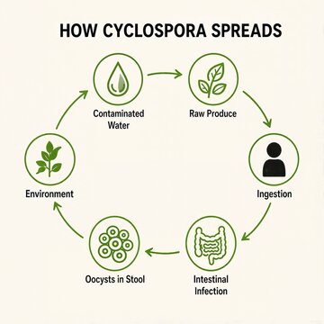 Flowchart diagram explaining how the Cyclospora parasite spreads. Educational graphic showing the transmission cycle from contaminated water and raw produce to intestinal infection