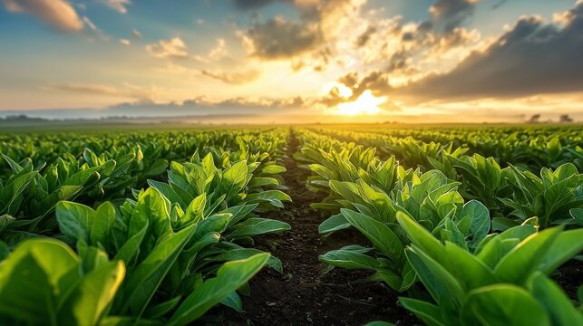 Golden Sunrise Over Rows of Lush Green Crops