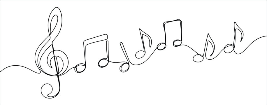 Music notes and treble clef continuous single line drawing, abstract sheet music line art representing melody, rhythm, sound and musical creativity
