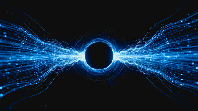 A dark black hole surrounded by glowing blue particle streams flowing through deep space, depicting cosmic physics and energy.
