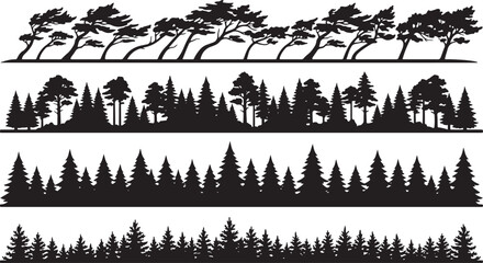 Collection of four horizontal forest and tree line silhouettes featuring windblown trees and dense coniferous woodland landscape © RobiulIslam