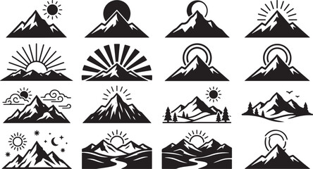 Fototapeta premium Collection of sixteen black and white mountain with sun, moon, stars, and clouds representing different times of day on white background