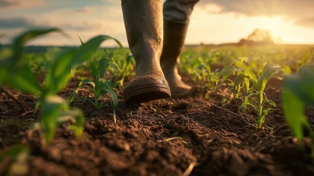 Farmer in Boots Walking Through Young Crops at Golden Hour
