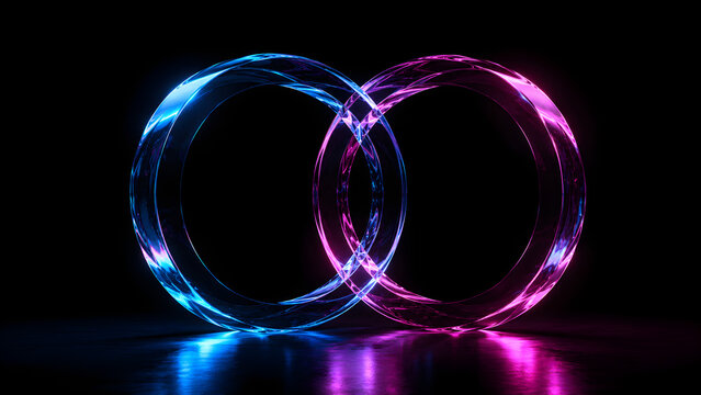 Two glowing neon rings in vibrant blue and purple light intersect reflective surface 3d rendered