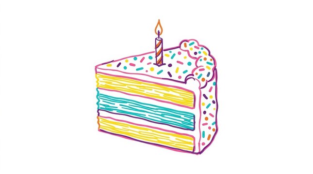 A single slice of colorful birthday layer cake with frosting and a burning candle on top drawn in a cute hand drawn sketch style illustration