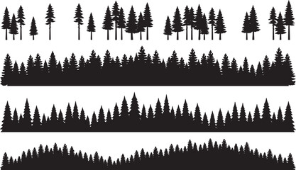 Set of black and white forest silhouettes featuring different densities of pine trees, woodland borders, and evergreen tree landscapes in rows © RobiulIslam