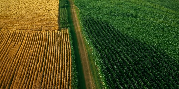 Aerial View of Golden and Green Crop Fields Divided by a Rural Farm Track