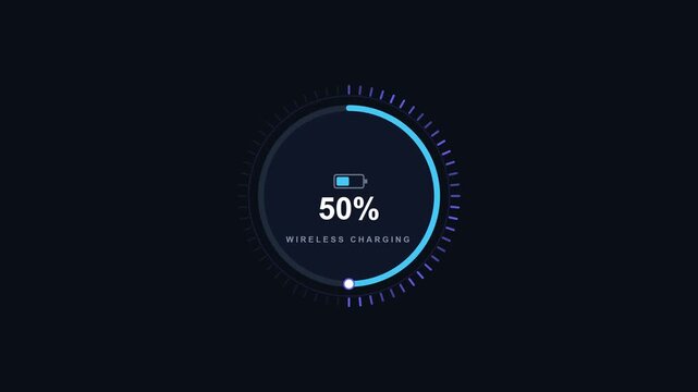 Modern wireless charging digital user interface display featuring a circular battery progress indicator showing fifty percent power level