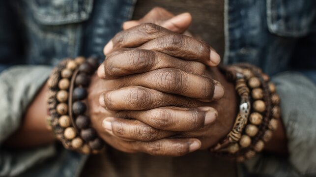 Close up of a man with clasped hands wearing wooden beaded bracelets on his wrists with together clasped position