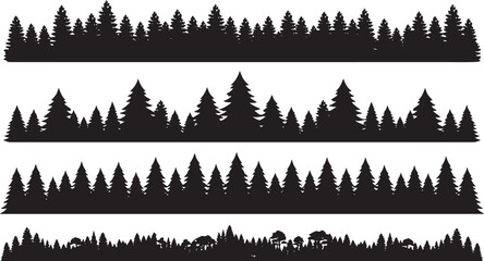 Set of four horizontal forest border silhouettes featuring various coniferous tree shapes and dense woodland foliage patterns © RobiulIslam