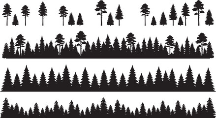 Set of four horizontal forest border silhouettes, featuring various pine tree arrangements and heights in a flat black and white style © RobiulIslam