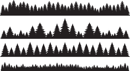 Set of four horizontal forest border silhouettes, featuring various pine tree densities and heights in a flat black and white style © RobiulIslam
