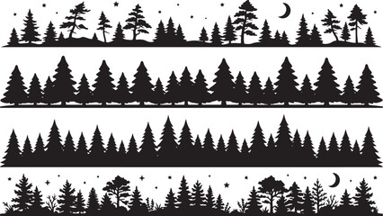 Set of four horizontal forest silhouette borders featuring pine trees, starry night skies, and crescent moons on a white background © RobiulIslam