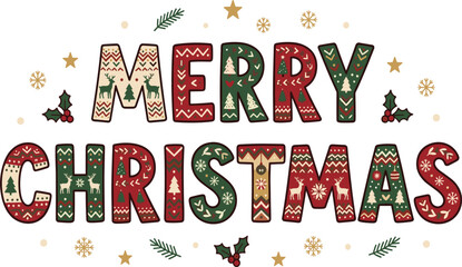 Fototapeta premium Merry Christmas Decorative Typography Banner with Nordic Ugly Sweater Patterns Deer Pine Trees and Snowflakes for Holiday Greeting Cards and Graphic Designs