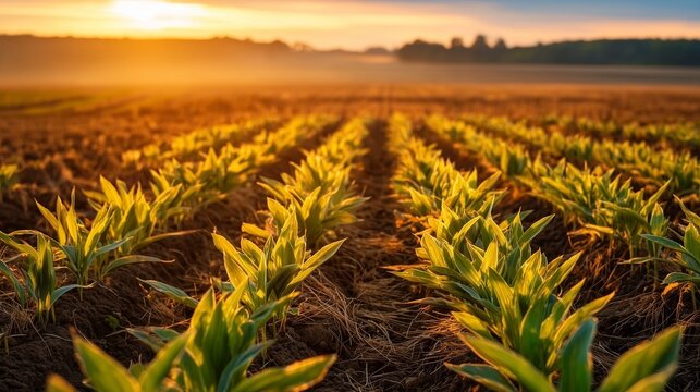 Young corn plants in cultivated rows at golden sunrise on a rural farm field