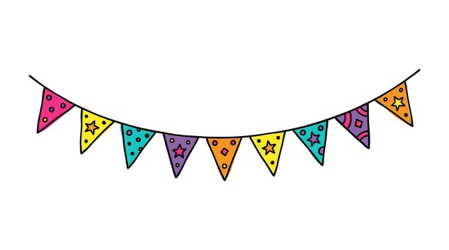 Colorful hand drawn party bunting flags hanging on a string for festive celebrations and birthday events with stars and dots pattern illustration