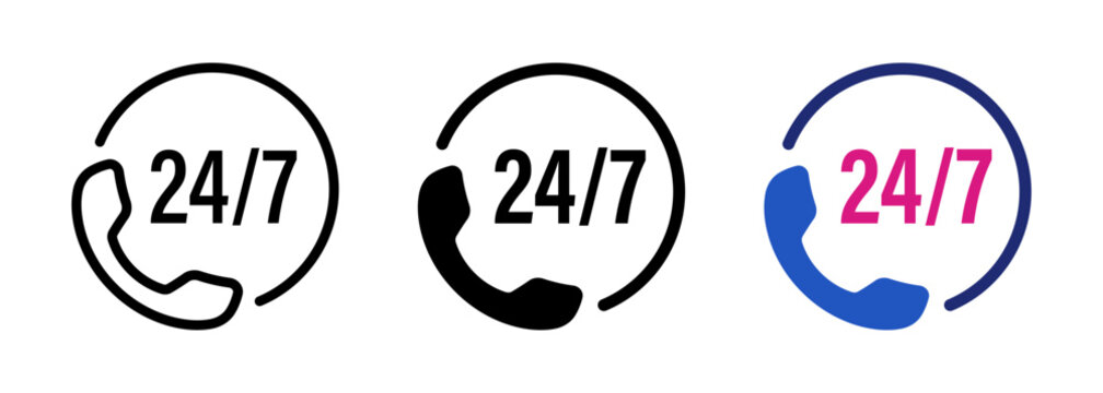 Call icon with 24 7. 24/7 support or customer service center number buttons. Transparent vector and PNG