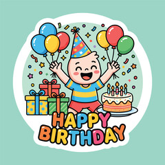 Fototapeta premium Happy baby boy celebrating with balloons and birthday cake