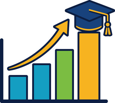 Bar chart growth graph with graduation cap icon for educational performance and academic statistics.