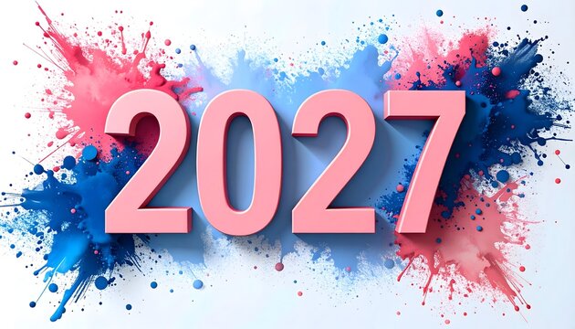 Dise&ntilde;o del a&ntilde;o 2027 con n&uacute;meros rosas sobre salpicaduras abstractas azules y rojas en fondo blanco