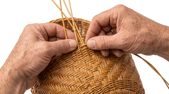 Traditional wicker basket weaving, artisan hands crafting handmade rattan container, rustic wood craft hobby on white background