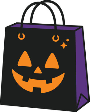 Black trick or treat halloween shopping bag with glowing orange jack o lantern face design element.