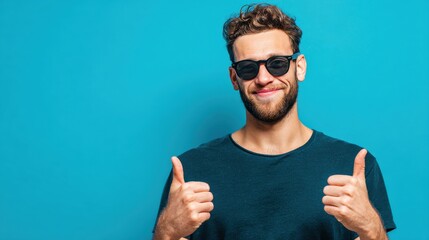 Naklejka premium Smiling man wearing sunglasses giving thumbs up gestures against bright solid blue background, casual dark teal t-shirt, cheerful mood, lifestyle concept, summer vibe, positive attitude, happiness.