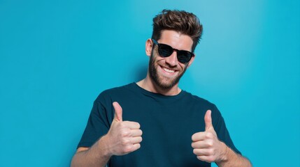 Naklejka premium Smiling man wearing sunglasses giving thumbs up gestures against bright solid blue background, casual dark teal t-shirt, cheerful mood, lifestyle concept, summer vibe, positive attitude, happiness.