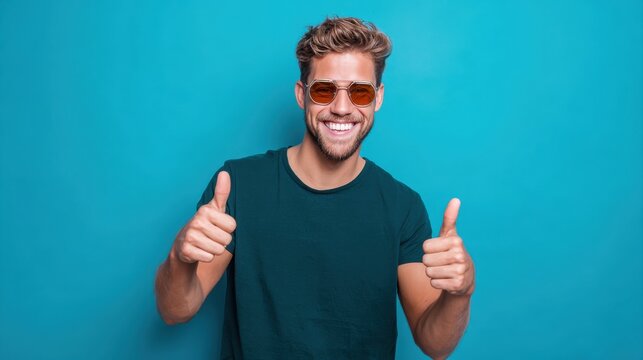 Smiling man wearing sunglasses giving thumbs up gestures against bright solid blue background, casual dark teal t-shirt, cheerful mood, lifestyle concept, summer vibe, positive attitude, happiness.