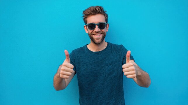 Smiling man wearing sunglasses giving thumbs up gestures against bright solid blue background, casual dark teal t-shirt, cheerful mood, lifestyle concept, summer vibe, positive attitude, happiness.