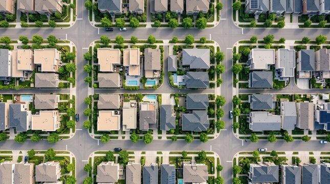 Aerial drone view of organized suburban residential neighborhood with houses, streets and green trees, real estate development, urban planning, community living, housing market