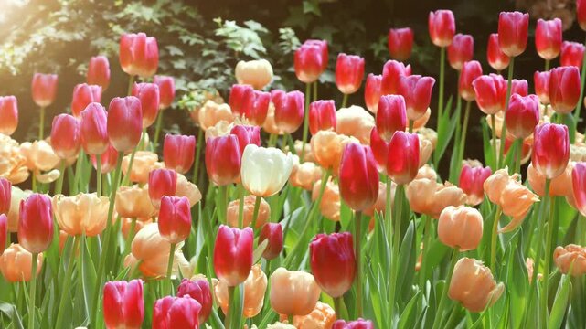 Delightful Purple Pink Triumph Tulips with Light Orange Peony Tulips Blooming in Soft Sunlight
