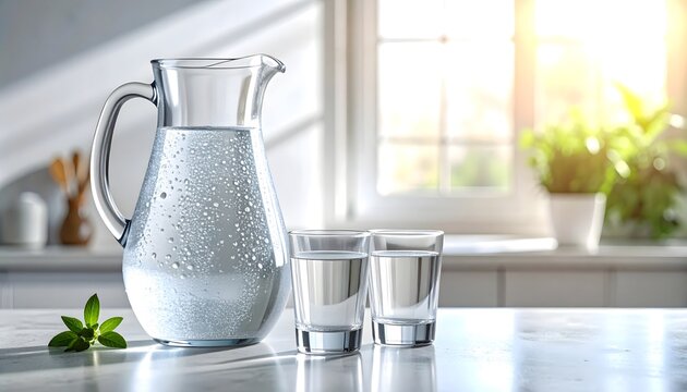 Jarra de cristal con agua y dos vasos sobre una encimera luminosa junto a una ventana en una cocina moderna