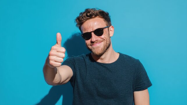 Smiling man wearing sunglasses giving thumbs up gestures against bright solid blue background, casual dark teal t-shirt, cheerful mood, lifestyle concept, summer vibe, positive attitude, happiness.