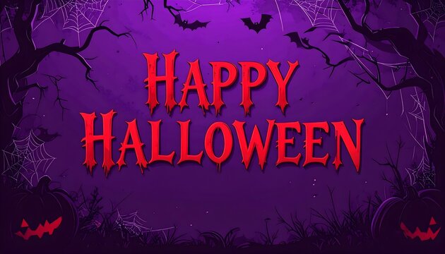 Dise&ntilde;o de Halloween con texto Happy Halloween, murci&eacute;lagos, ramas oscuras y fondo p&uacute;rpura decorativo