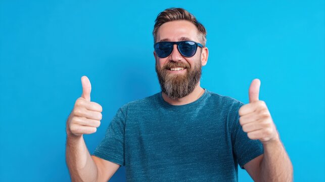 Smiling man wearing sunglasses giving thumbs up gestures against bright solid blue background, casual dark teal t-shirt, cheerful mood, lifestyle concept, summer vibe, positive attitude, happiness.